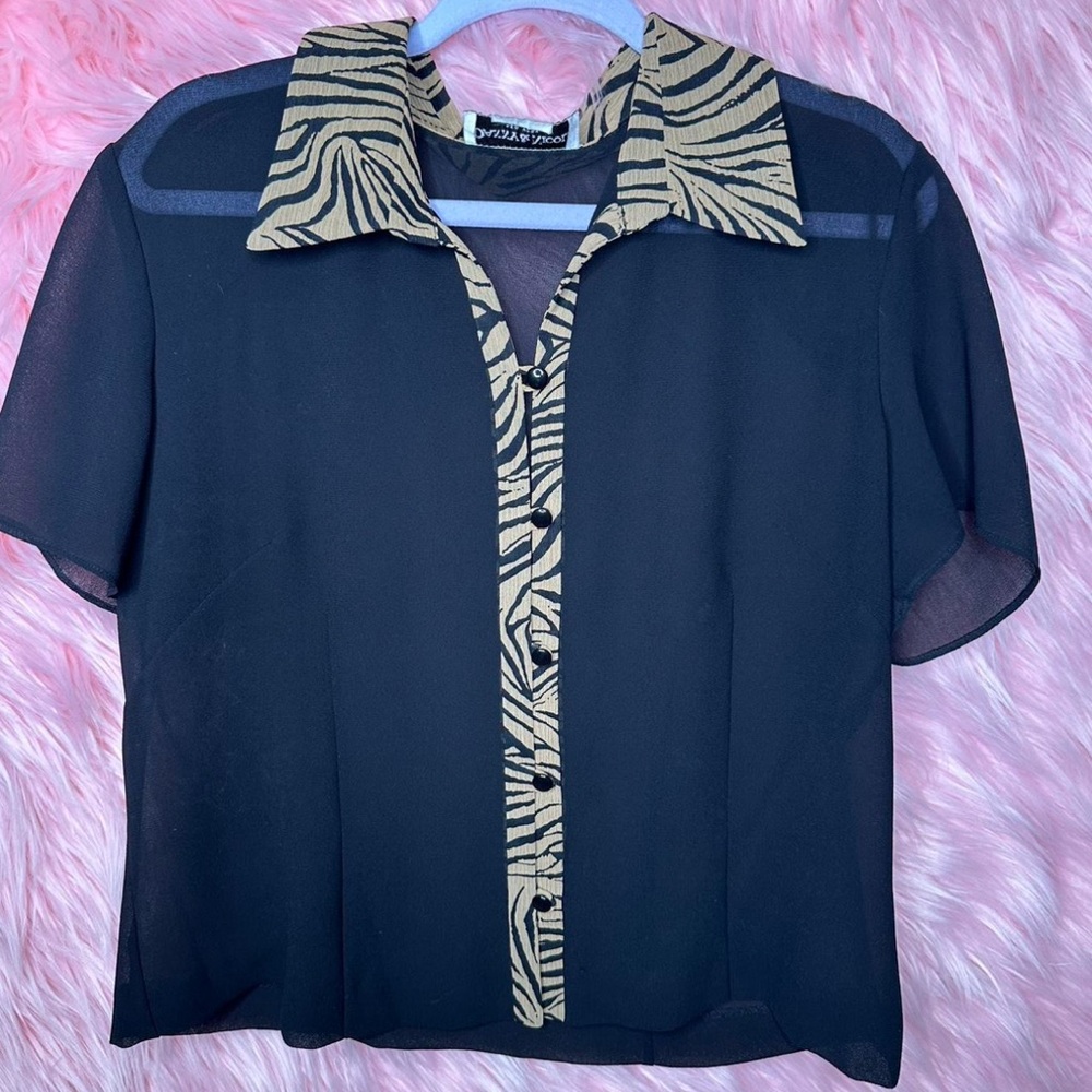 Danny & Nicole Black Blouse with Zebra Print Collar